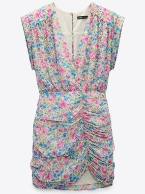 Zara Pink, Blue & Cream Floral Ruched V-Neck Dress